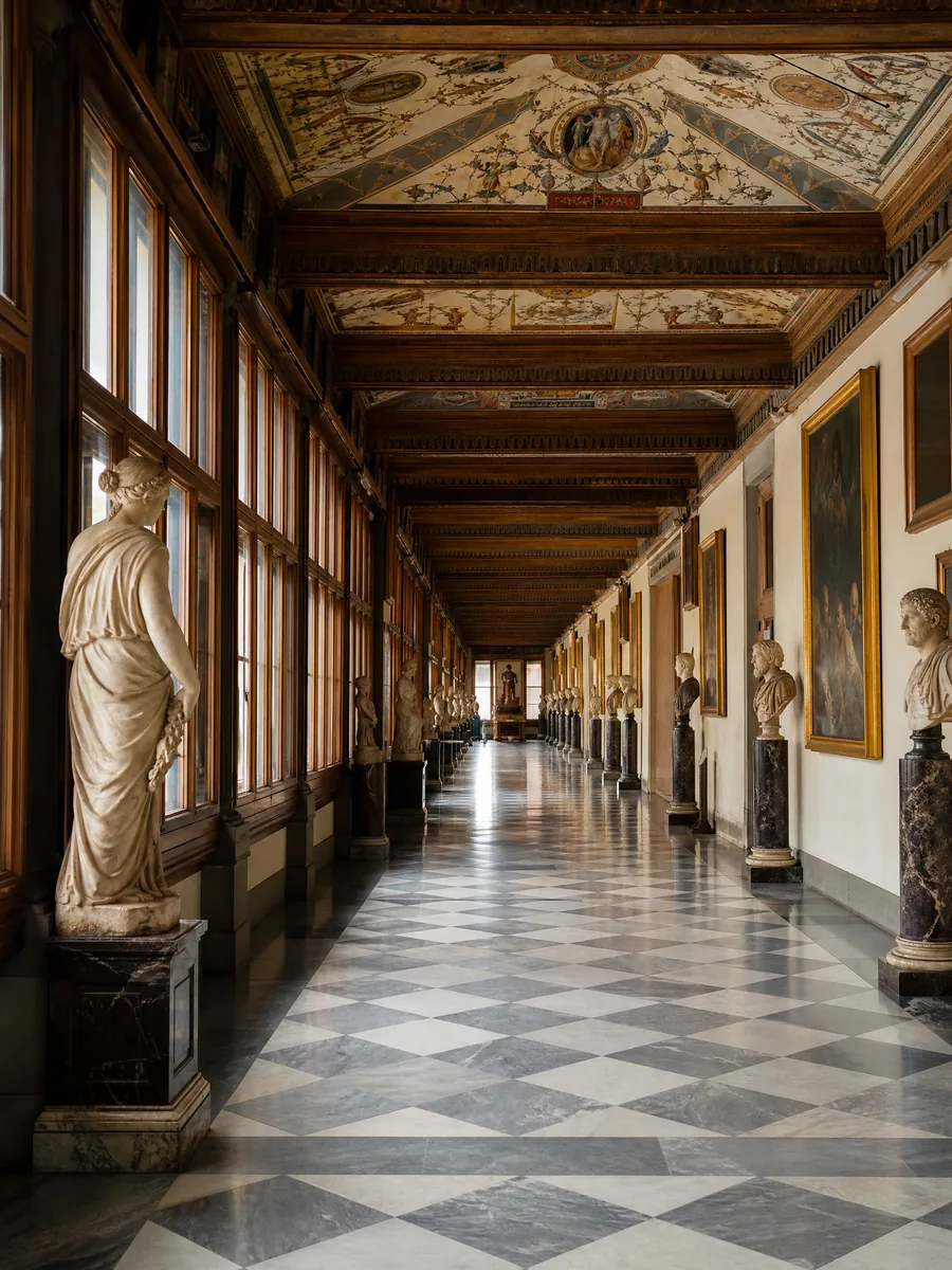 Il lungo corridoio della Galleria con busti e statue antiche e il soffitto decorato